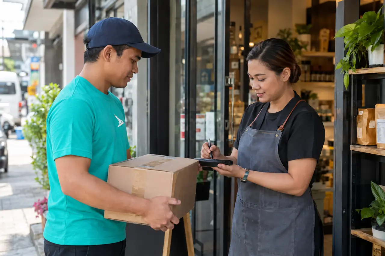 Boss Cargo Express courier handing a business delivery to a store representative