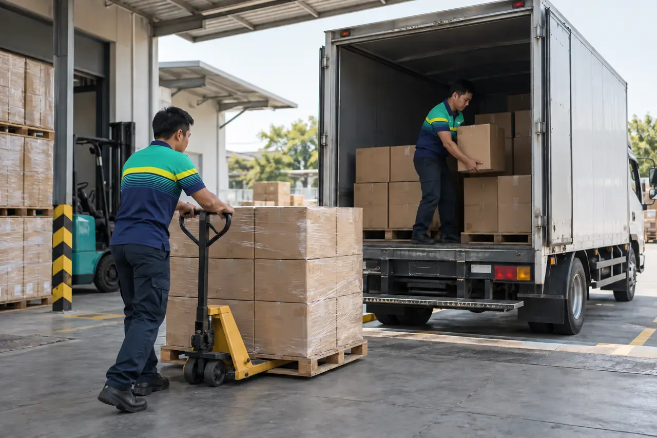 BCE team loading boxed cargo onto a delivery truck